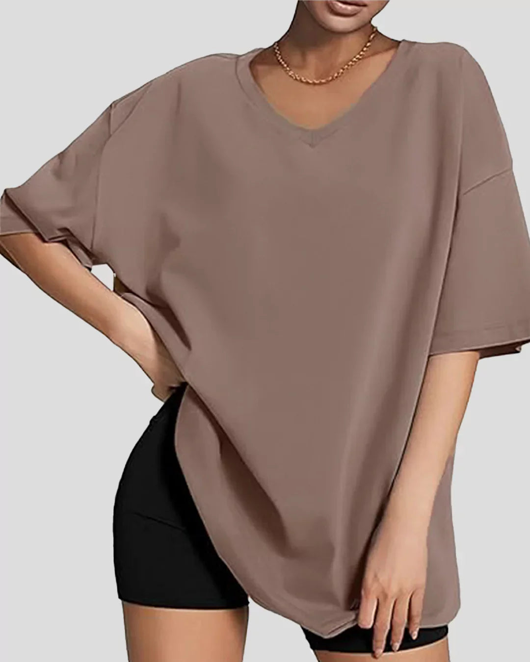 Camel Plain V-Neck Oversize T-Shirt