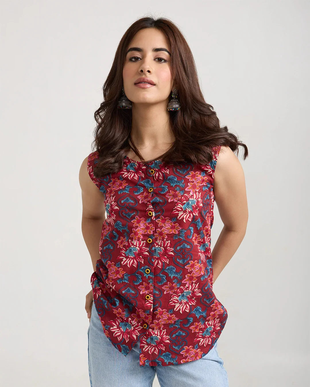 Vintage Muse Button-Down Cotton Top – maroon floral print sleeveless top with front buttons, worn by model