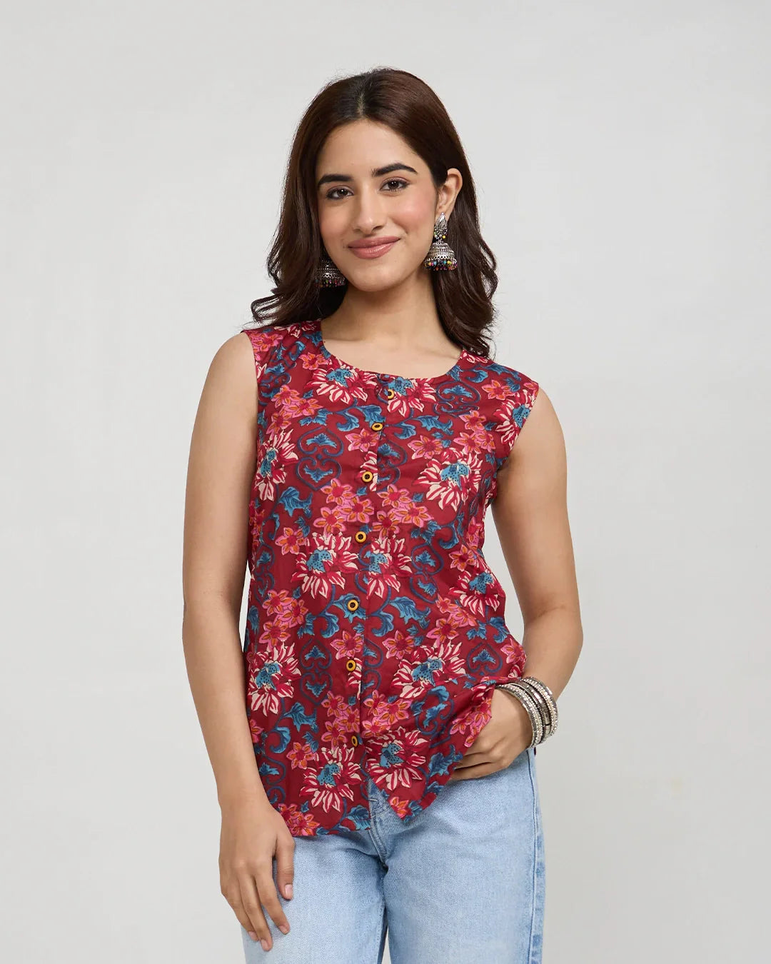Vintage Muse Button-Down Cotton Top - red floral print, sleeveless, button-down front, worn by model