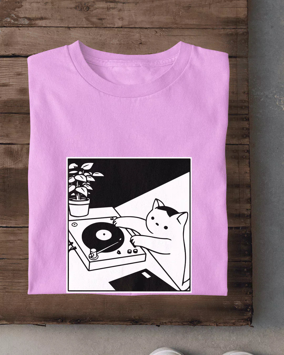 Vintage Music T-Shirt – pink regular tee featuring a black-and-white DJ cat at a turntable, DKY
