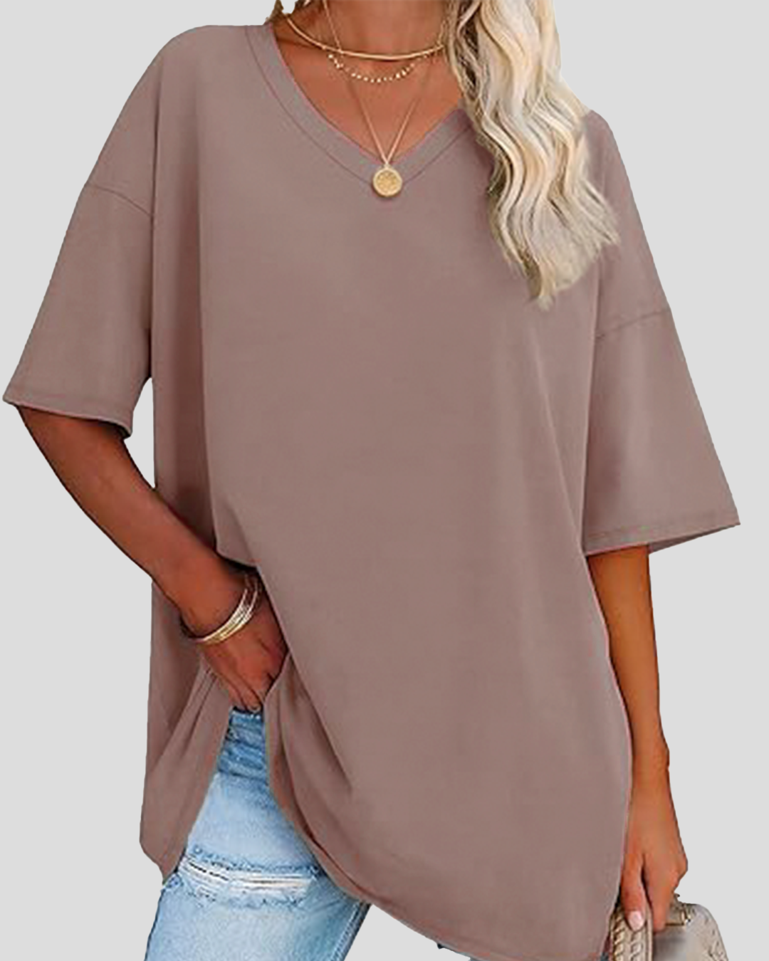 Camel Plain V-Neck Oversized T-Shirt