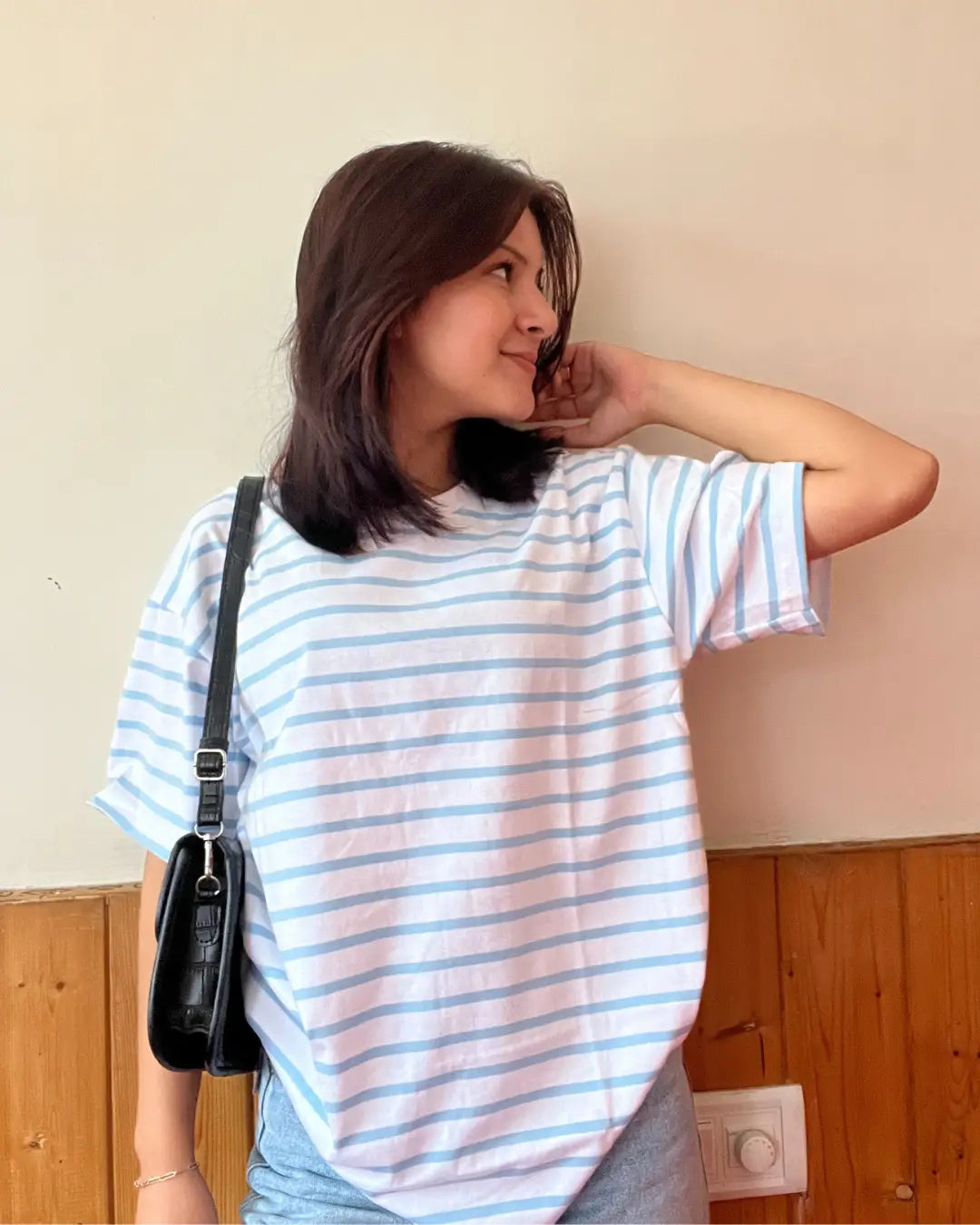 W&B Stripe Oversized T-Shirt – light blue and white stripes, oversized fit, DKY tee worn by model
