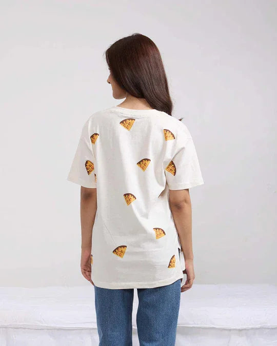 Waffle V-Neck Oversized T-Shirt – white oversized t-shirt with waffle prints, worn by model