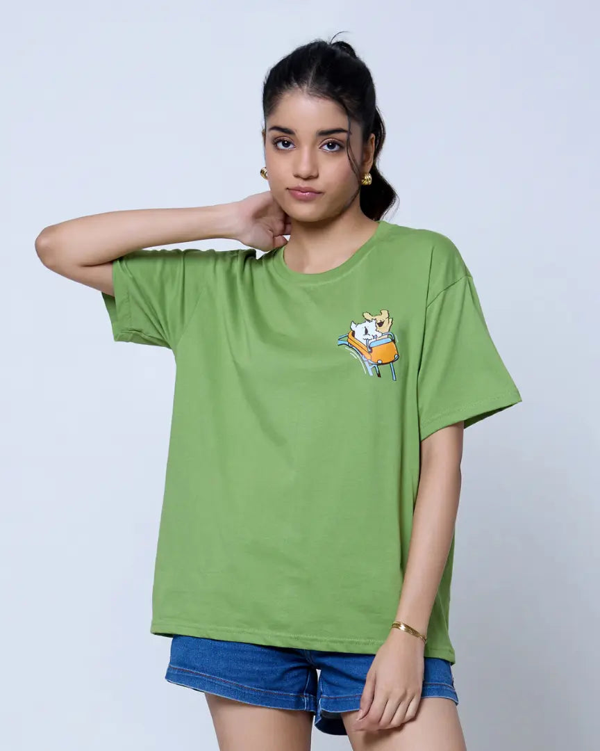 Wheee Oversized T-Shirt – lime green oversized t-shirt with a small chest graphic, worn by model