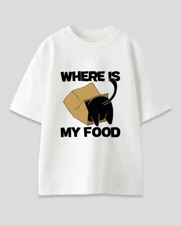 Where Is My Food Oversized T-Shirt – white oversized graphic tee with a black cat in a brown paper bag