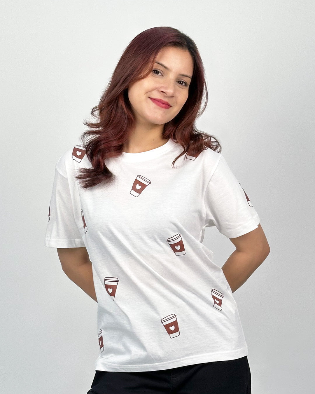 White Cappuccino T-Shirt – white DKY regular tee with brown coffee cup prints, worn by model