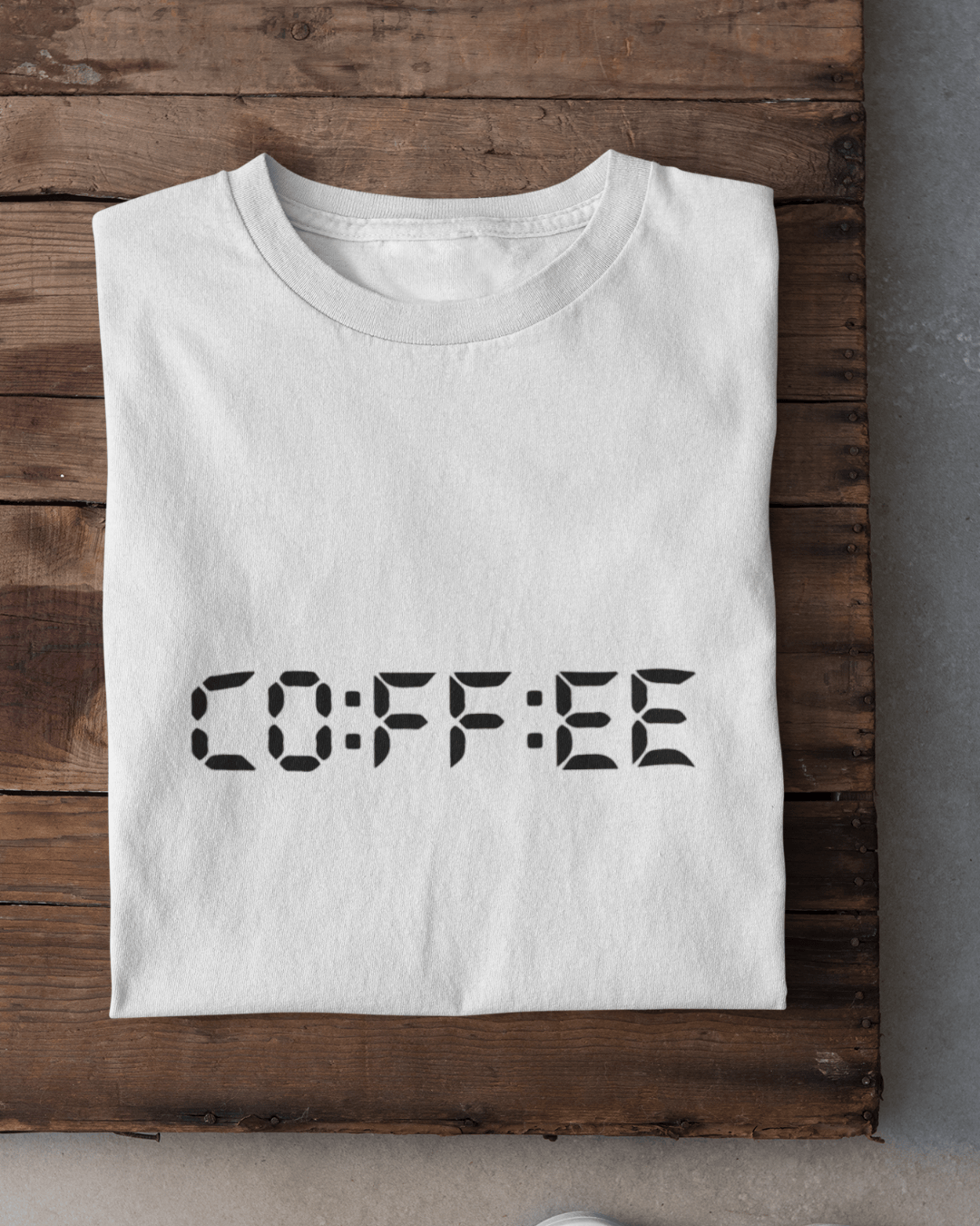 White Coffee O Clock T-Shirt - white regular tee with black digital COFFEE print, flat lay
