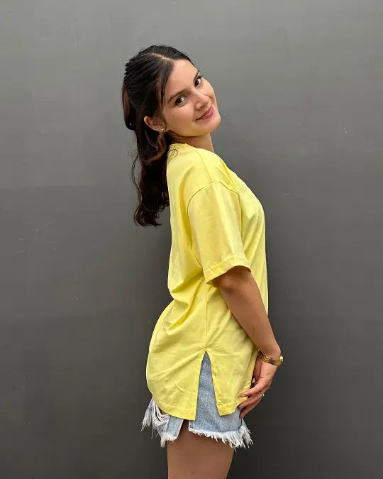 RB Yellow Plain V-Neck Oversize T-Shirt; 100% pure fabric.