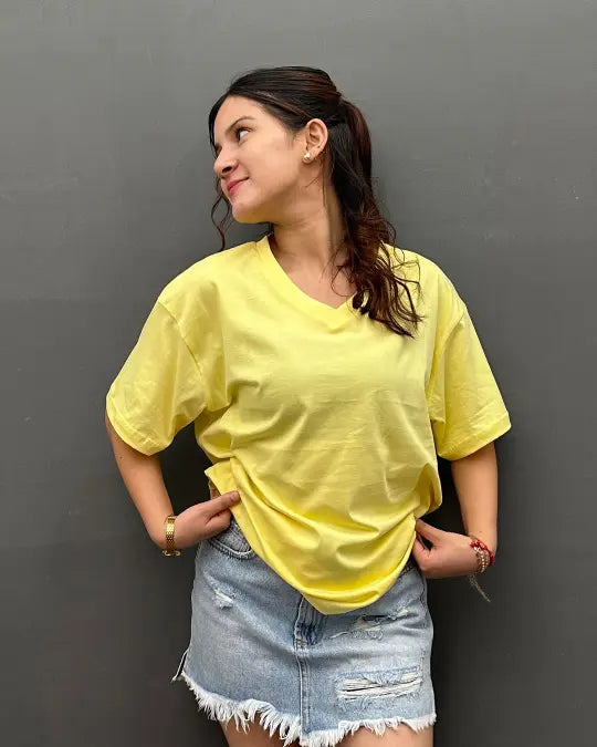 RB Yellow Plain V-Neck Oversize T-Shirt worn by model; bright yellow, relaxed fit.