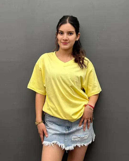 RB Yellow Plain V-Neck Oversize T-Shirt for Women Online In India | DKY