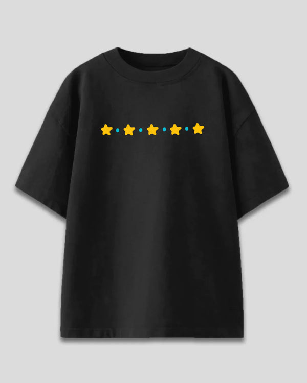Yellow Star Oversized T-Shirt – black OS Minimal tee with a row of yellow stars and blue dots, flat lay